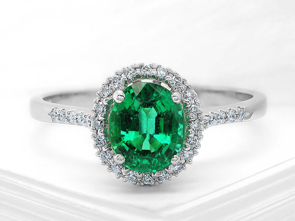 Diamond and Emerald Oval Halo Ring - Ian Sharp Jewellery