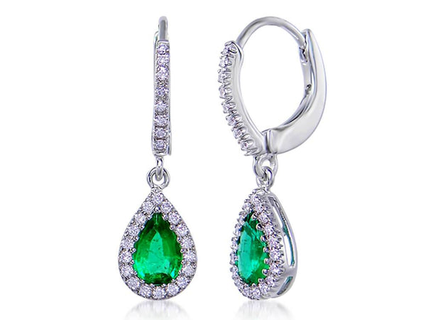 Diamond and Emerald Pear Huggie Drop Earrings - Ian Sharp Jewellery
