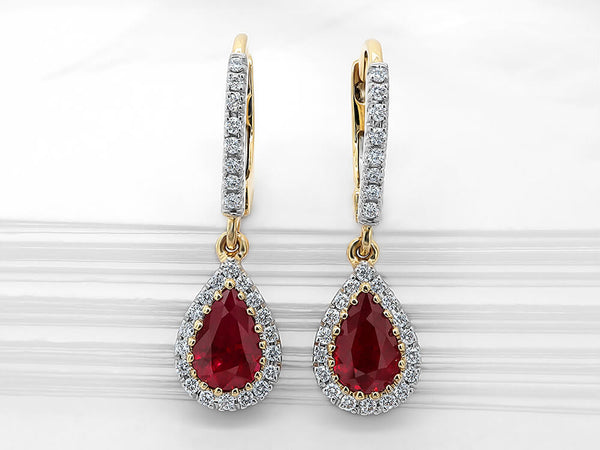 Diamond and Ruby Pear Huggie Drop Earrings - Ian Sharp Jewellery