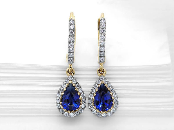 Diamond and Sapphire Pear Huggie Drop Earrings - Ian Sharp Jewellery