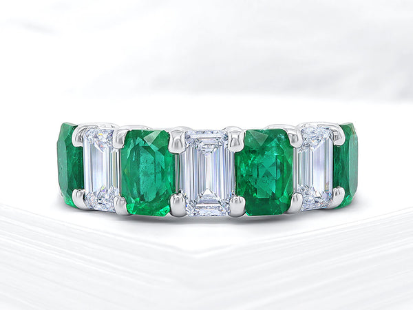 Octagon Diamond and Emerald Platinum Eternity Ring - Ian Sharp Jewellery