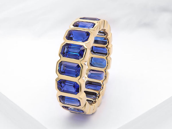 Stunning Emerald Shaped Blue Sapphire Eternity Ring - Ian Sharp Jewellery