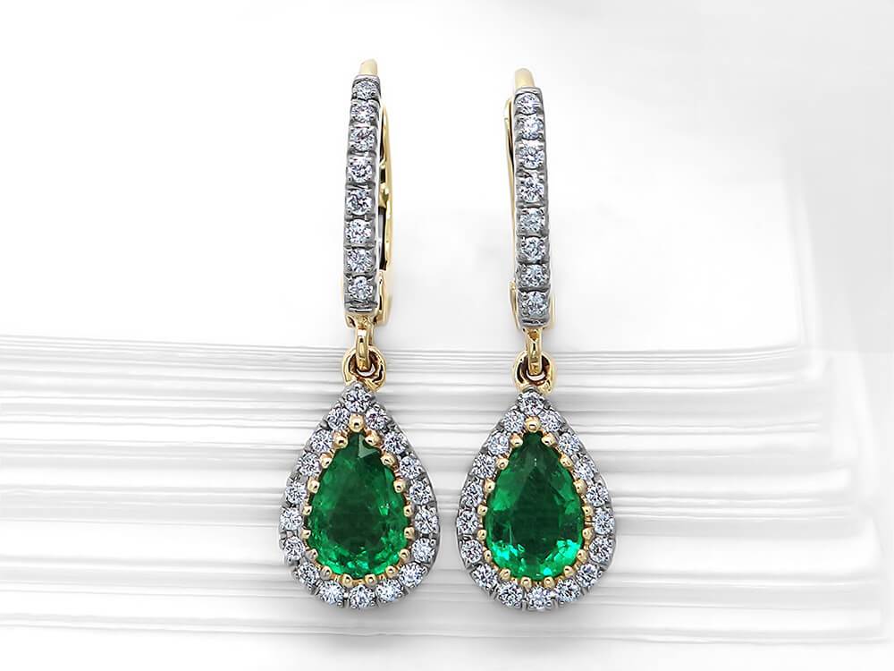 Diamond and Emerald Pear Huggie Drop Earrings - Ian Sharp Jewellery