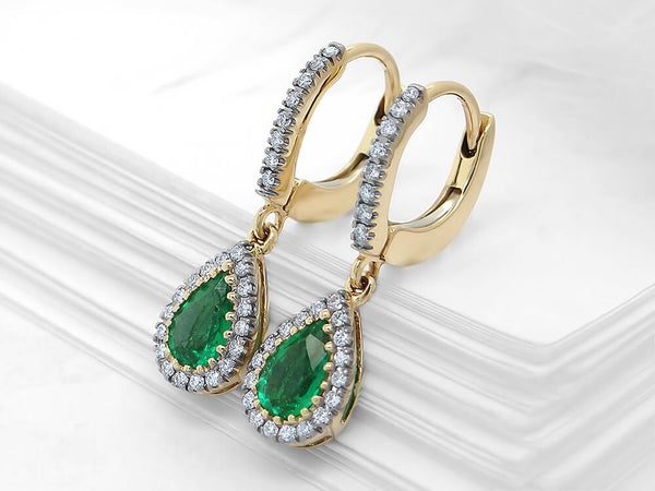 Diamond and Emerald Pear Huggie Drop Earrings - Ian Sharp Jewellery