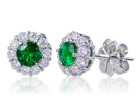 Diamond and Emerald Round Shaped Stud Earrings - Ian Sharp Jewellery