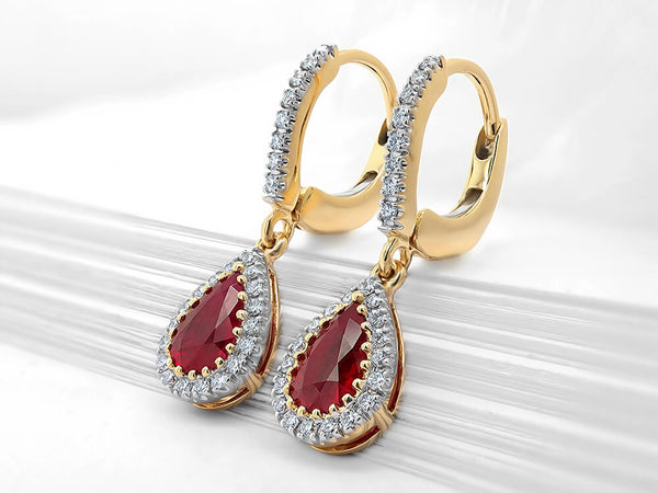 Diamond and Ruby Pear Huggie Drop Earrings - Ian Sharp Jewellery