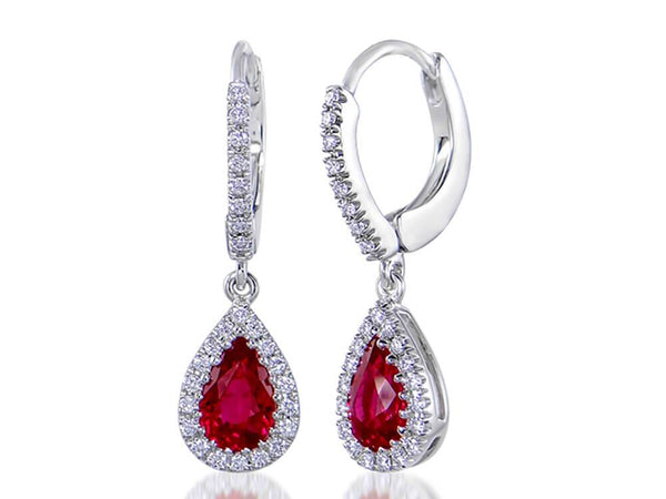 Diamond and Ruby Pear Huggie Drop Earrings - Ian Sharp Jewellery