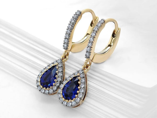 Diamond and Sapphire Pear Huggie Drop Earrings - Ian Sharp Jewellery