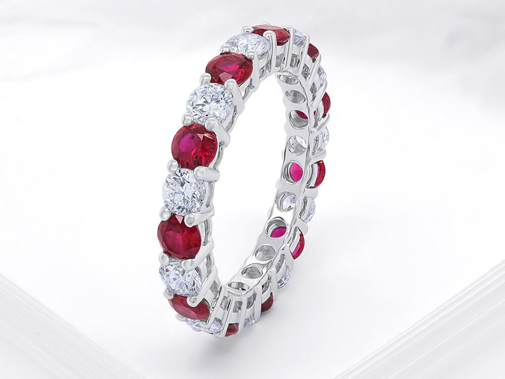 Four Claw Diamond and Ruby Eternity Ring - Ian Sharp Jewellery