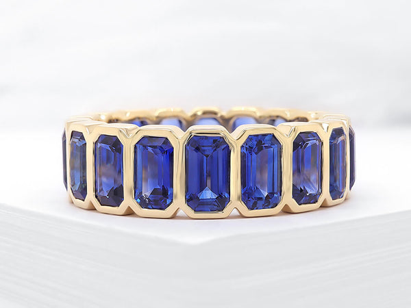 Stunning Emerald Shaped Blue Sapphire Eternity Ring - Ian Sharp Jewellery